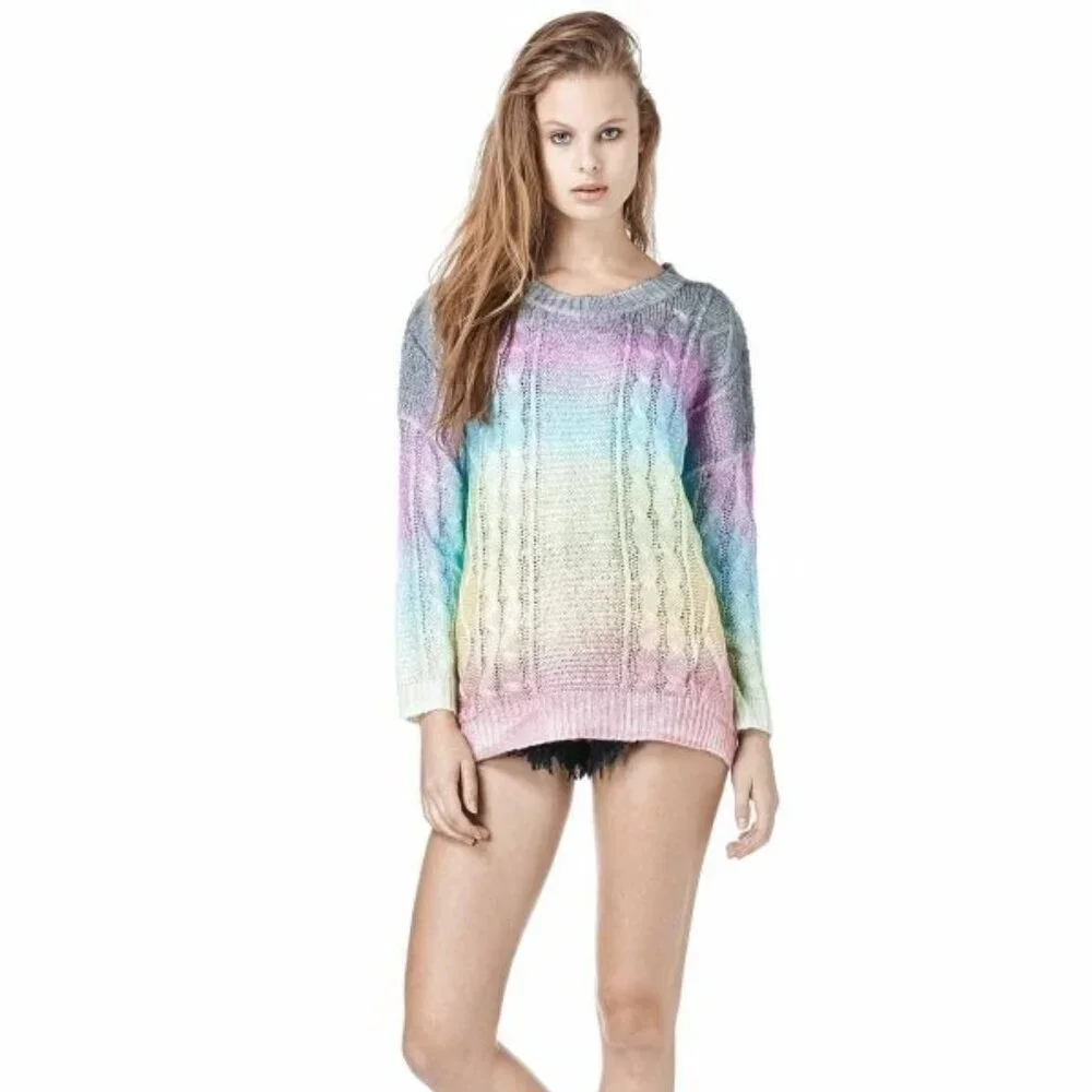 UNIF Cake Sweater Pullover Pastel Rainbow Twee Ombré Cable Knit Soft Size Medium - Picture 3 of 14